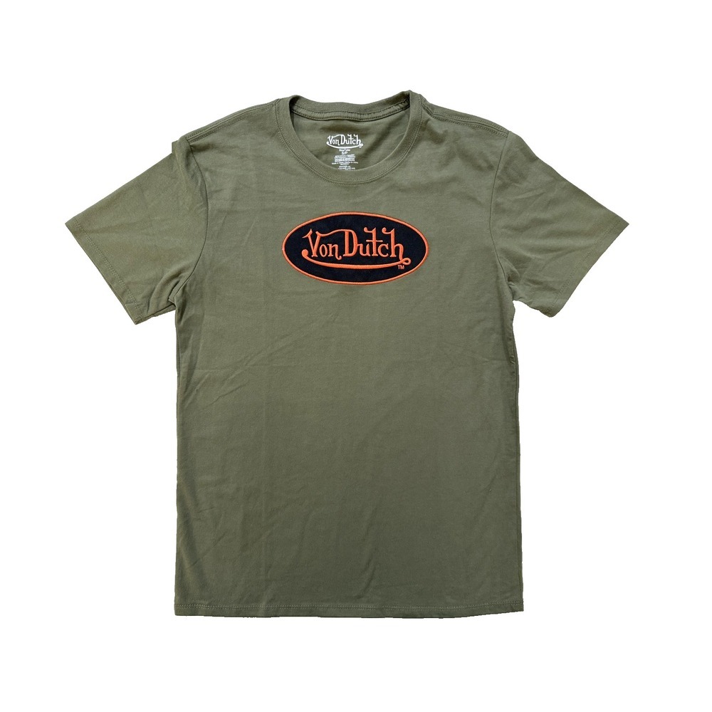 Von Dutch TShirt Mens SM Olive Green‎ Oval Embroidered Logo Front Back Hit RARE